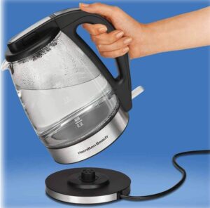 A Hamilton electric kettle with a base and cord